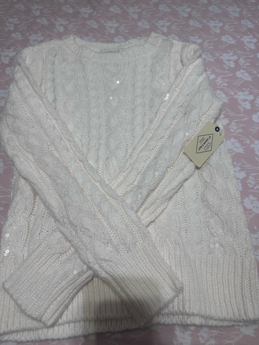 Cream Cable Knit Sweater with Subtle Sequins